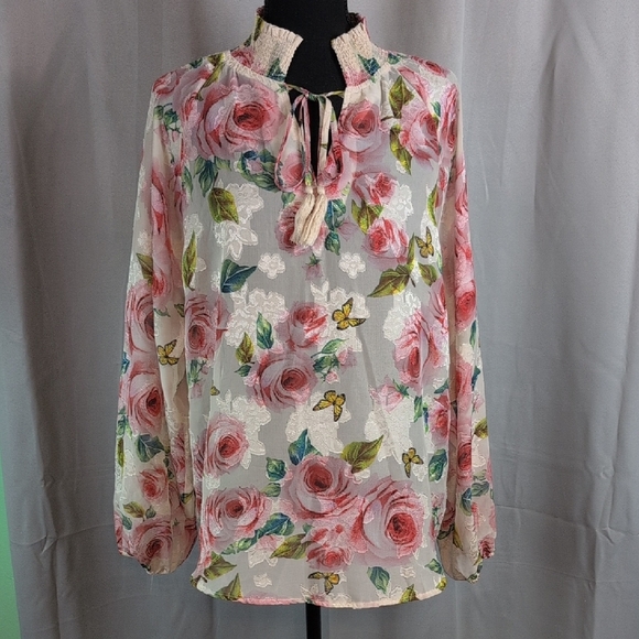 Kori Pink and Cream Long Sleeve Tie Front Blouse - Picture 1 of 9